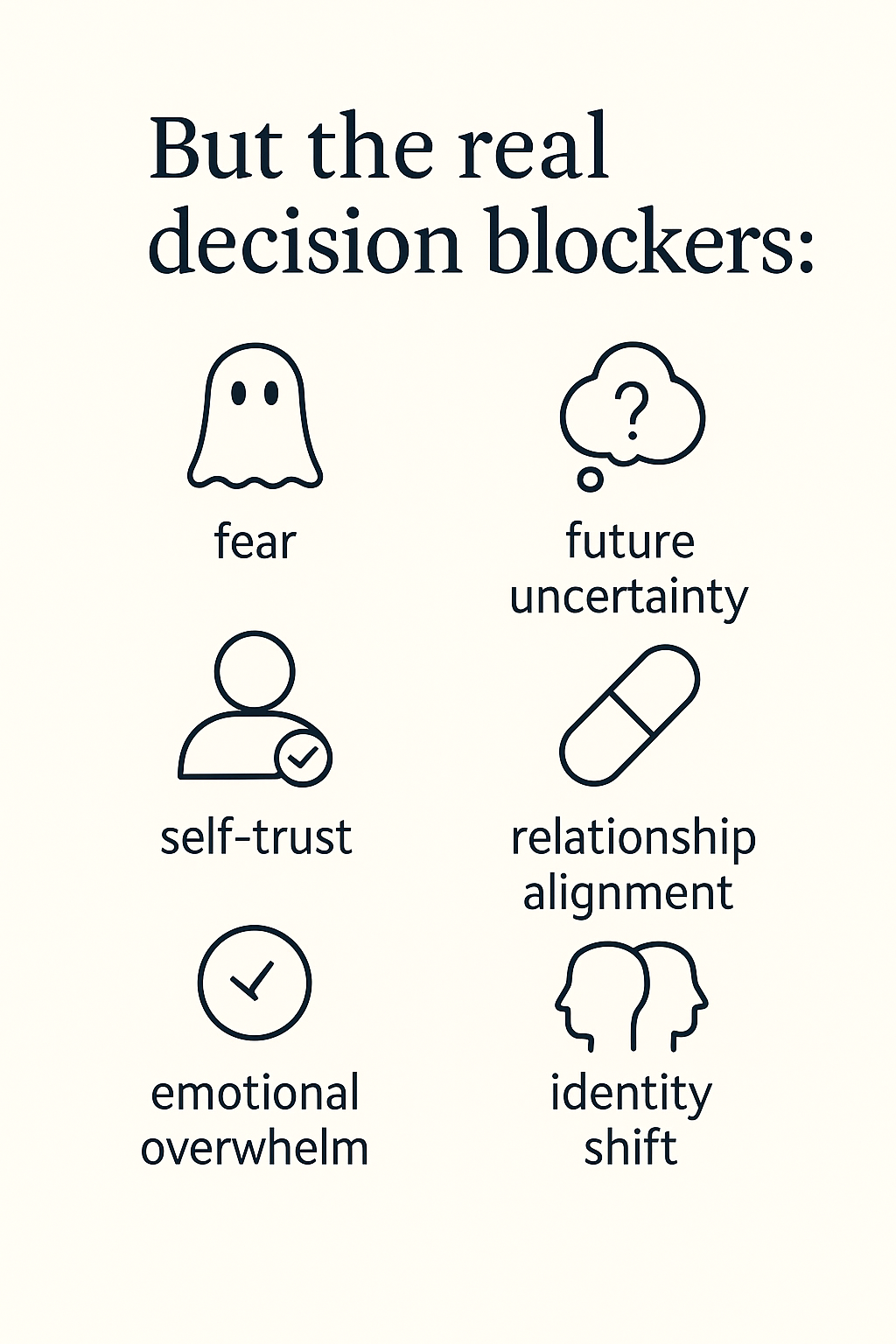But the real decision blockers are fear, future uncertainty, self-trust, relationship alignment and emotional overwhelm